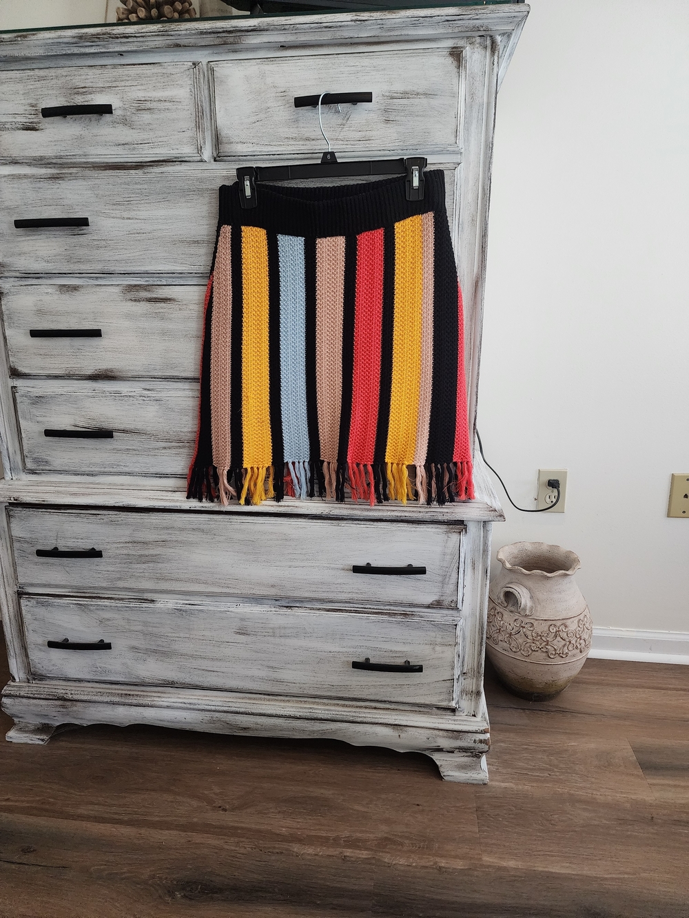 English Factory Black Knit Mini Skirt with Multicolor Vertical Stripes & Fringe